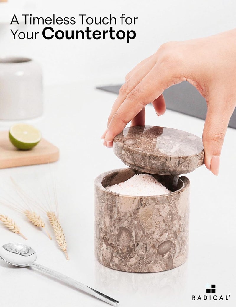 RADICALn User feedback upgraded quality White & Oceanic Marble Salt Cellar Set of 2 with Tray & Lids, 3 Inch Handmade Natural Stone Salt & Spice Containers for Kitchen Countertop Storage, Luxury Kitchen Decor Accessory Compact design - Image 4