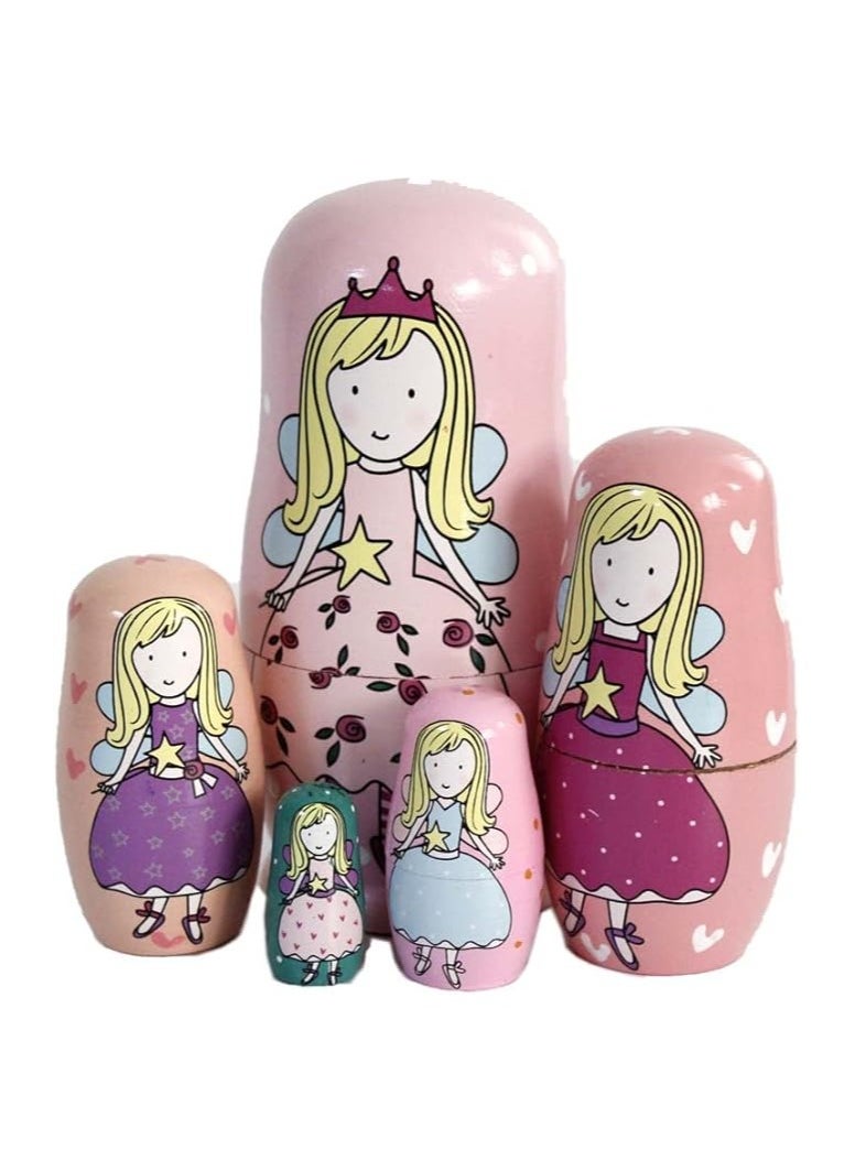 5 PCS Russian Nesting Dolls, Wood Matryoshka Doll, Montessori Educational Toy, Princess Shaped Nesting Doll Toys, for Toddlers Children 3 Years Up, Birthday Decoration Wishing Gift