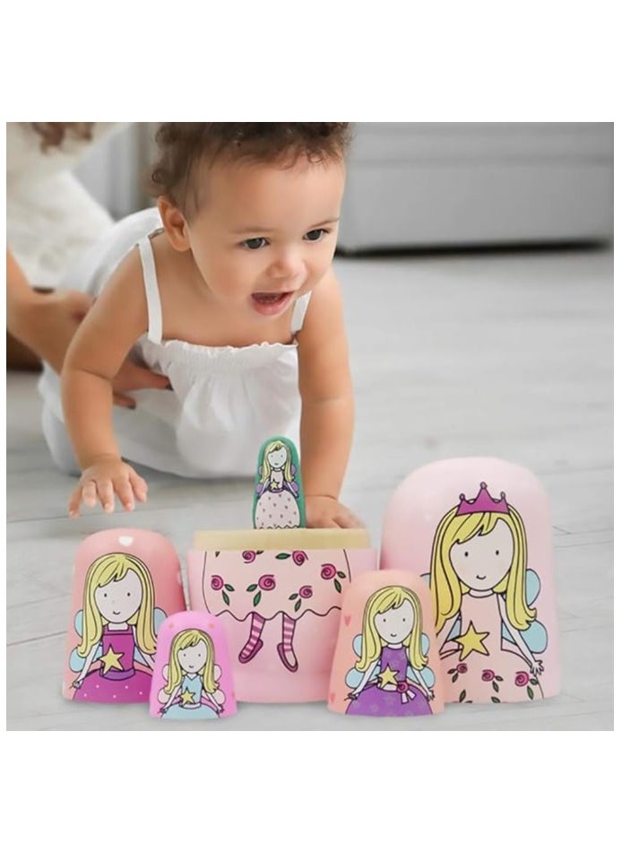 5 PCS Russian Nesting Dolls, Wood Matryoshka Doll, Montessori Educational Toy, Princess Shaped Nesting Doll Toys, for Toddlers Children 3 Years Up, Birthday Decoration Wishing Gift