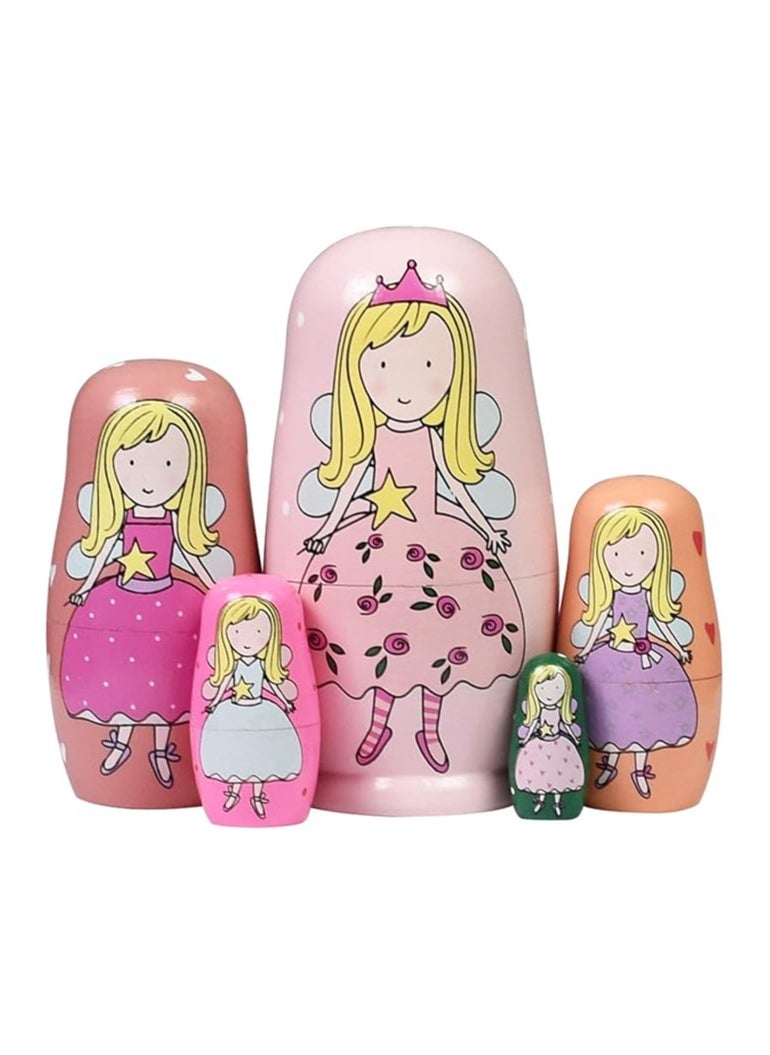 5 PCS Russian Nesting Dolls, Wood Matryoshka Doll, Montessori Educational Toy, Princess Shaped Nesting Doll Toys, for Toddlers Children 3 Years Up, Birthday Decoration Wishing Gift