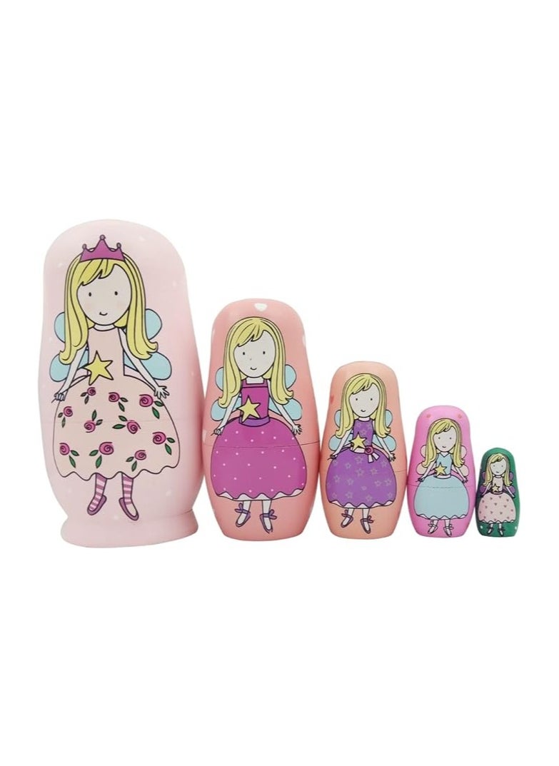 5 PCS Russian Nesting Dolls, Wood Matryoshka Doll, Montessori Educational Toy, Princess Shaped Nesting Doll Toys, for Toddlers Children 3 Years Up, Birthday Decoration Wishing Gift
