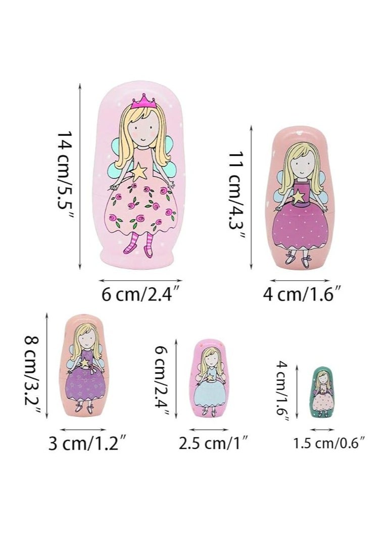 5 PCS Russian Nesting Dolls, Wood Matryoshka Doll, Montessori Educational Toy, Princess Shaped Nesting Doll Toys, for Toddlers Children 3 Years Up, Birthday Decoration Wishing Gift