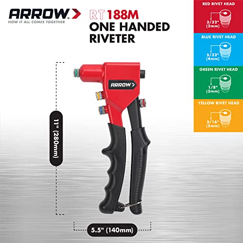 Arrow Fastener مسدس ريفيت يدوي Arrow RT188M بيد واحدة، ريفتر للمعادن، القماش، الجلد، وإصلاح السيارات، يستخدم ريفيتات عمياء بحجم 3/32 بوصة، 1/8 بوصة، 5/32 بوصة، 3/16 بوصة - Image 3
