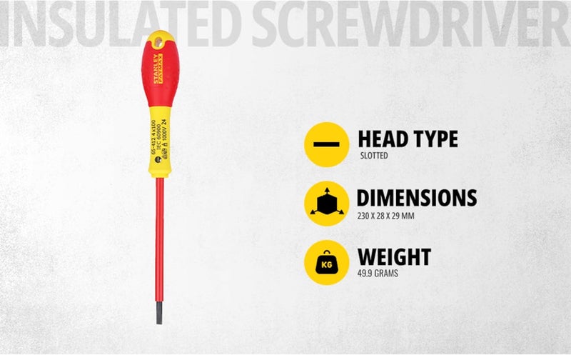 Stanley - FatMax ستانلي - FatMax 0-65-412 مفك براغي Fat Max معزول مشقوق 4×100 مم - أحمر وأصفر - Image 3
