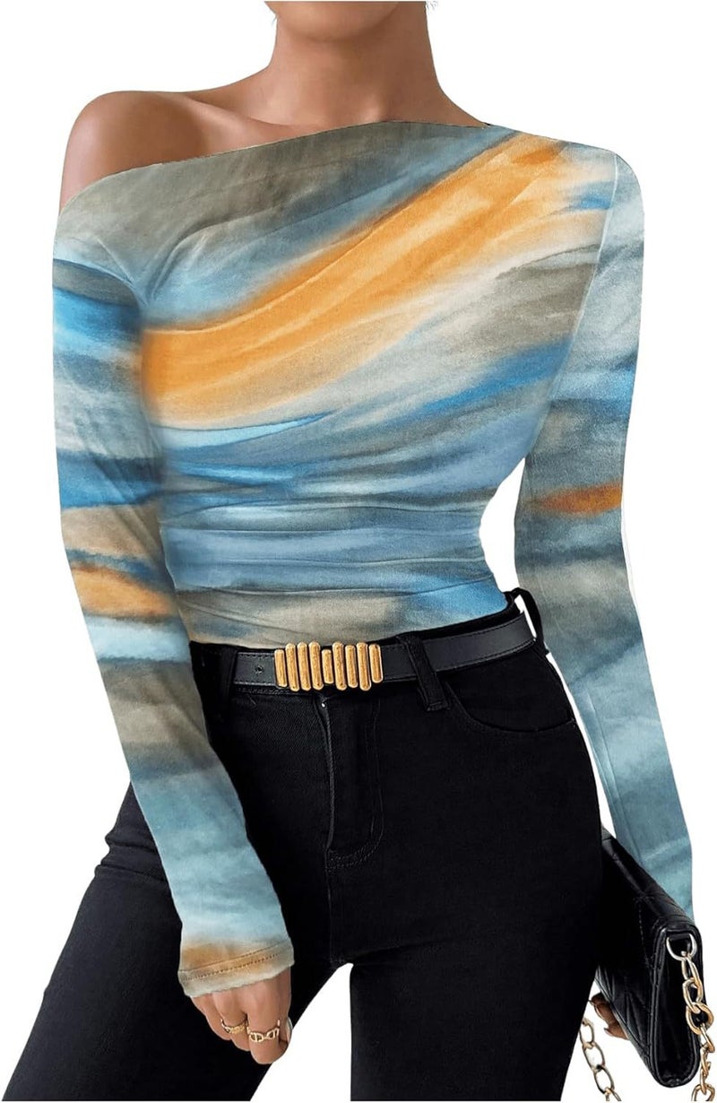 2024 Fashion Tie-Dye Printing Asymmetric Ruffled Long Sleeve T-Shirt - Image 1