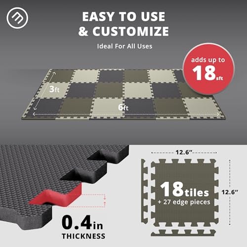 bemaxx Gym Mats Set - 18 pcs EVA Interlocking Foam Floor Tiles (12.6"x12.6"x0.4") 18sqft Protective Gym Flooring Sports Home Workout Exercise Mats Puzzle Garage Fitness Play-Room Garage Pool Treadmill - Image 2