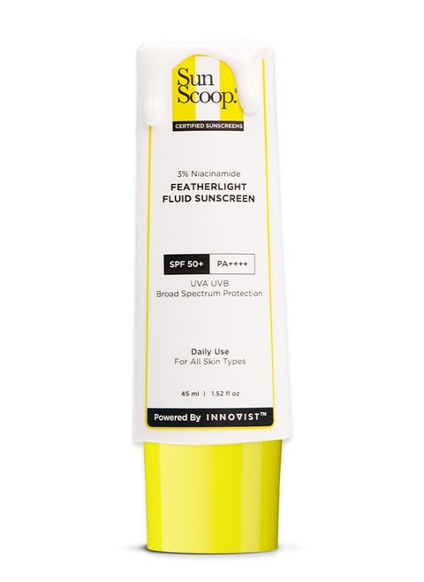 Sunscoop's 3% Niacinamide Fluid Sunscreen| SPF 50+ PA++++| Super light formula| Prevents tanning & sunburn| Reduces pigmentation| Non-Comedogenic| 45ml