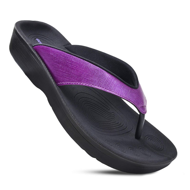 Aerothotic Arch Support Flip Flops for Women Comfortable Orthopedic Cushioned Memory Foam Footbed with Faux Leather Padded Straps Casual Travel Walking Outdoor Fashion Thong Ladies Sandals (Matt Purple, Size 6) - Image 1