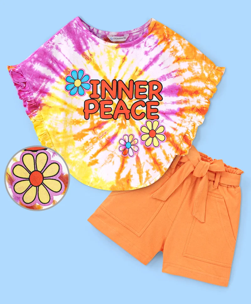 Ollington St. Ollington St. 100% Cotton Knit Half Sleeves Tie and Die Top with Floral Print and Shorts Set - Multicolour and Orange