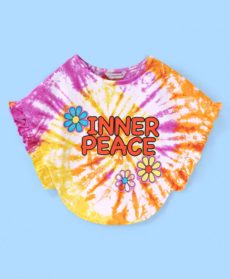 Ollington St. Ollington St. 100% Cotton Knit Half Sleeves Tie and Die Top with Floral Print and Shorts Set - Multicolour and Orange