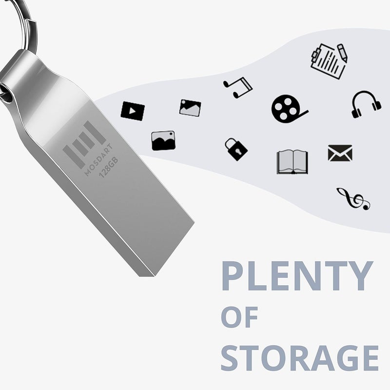 موس دارت حزمة 2 سعة 128 جيجابايت محرك أقراص فلاش USB 2.0 معدني exFAT محرك إبهام مع سلسلة مفاتيح 128 جيجابايت محرك قفز مقاوم للماء عصا ذاكرة 128 جيجا لتخزين البيانات والنسخ الاحتياطي، فضي - Image 5