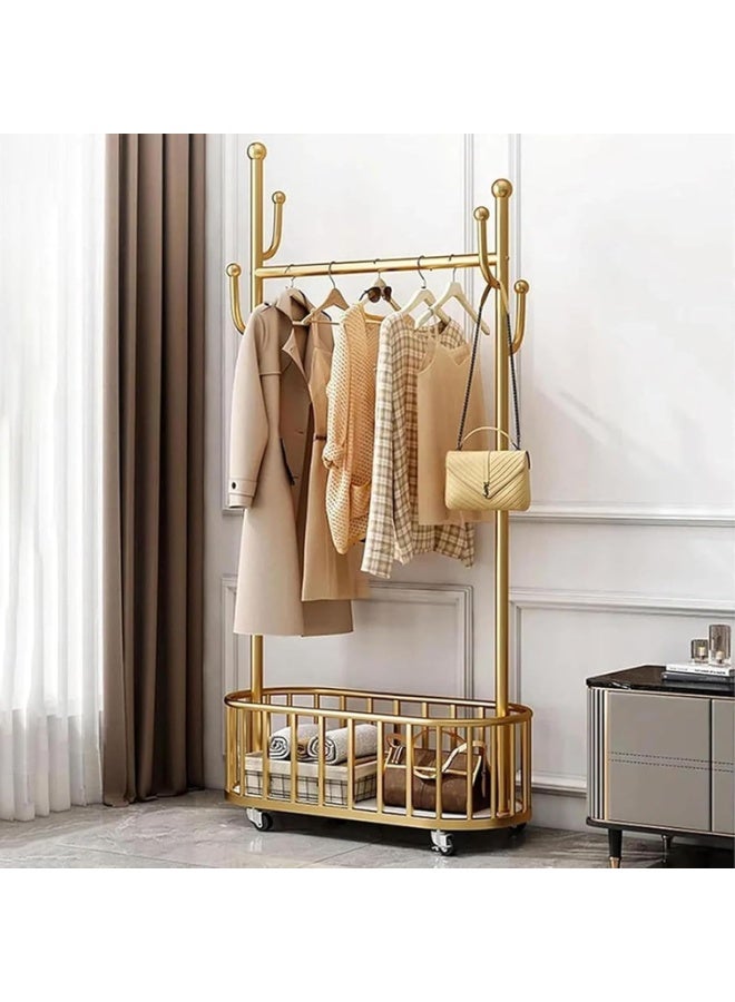 HXDream Coat Rack,Rolling Clothing Rack, Metal Moveable Large Coat Rack with  Basket Storage, Multifunction Coat Rack for Hanging Clothes, Bags, Hats (Gold) 60*30*170CM - Image 4