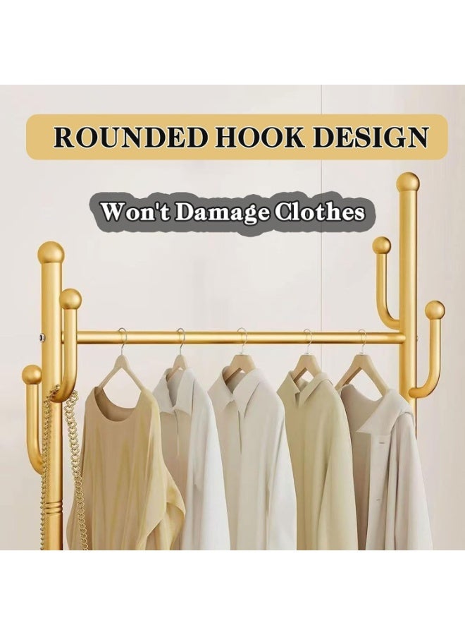 HXDream Coat Rack,Rolling Clothing Rack, Metal Moveable Large Coat Rack with  Basket Storage, Multifunction Coat Rack for Hanging Clothes, Bags, Hats (Gold) 60*30*170CM - Image 5