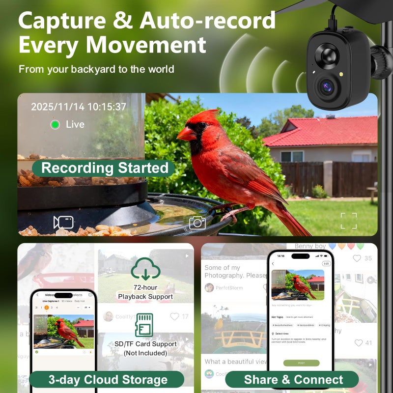 RichBird Smart Bird Feeder Camera Solar Powered with Pole, 2.5K HD Birdwatching Live Video Auto Capture, AI Identification & Instant Notification, Wireless Bird House/Bath Cam Outdoor, Gift for Bird Lovers - Image 5