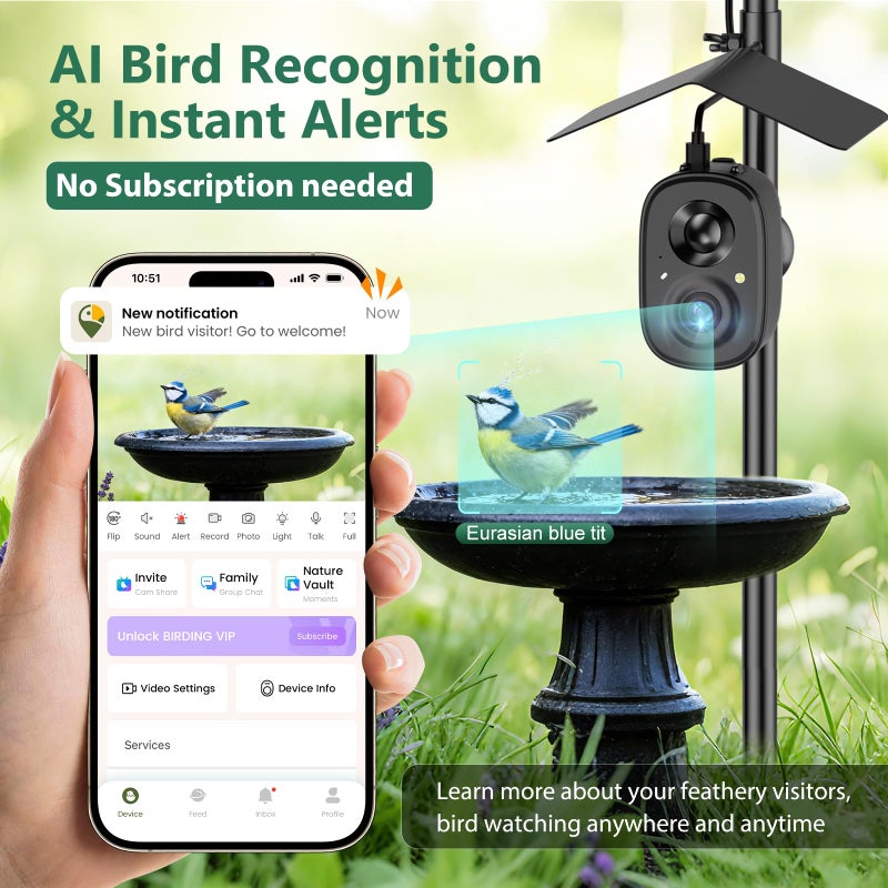 RichBird Smart Bird Feeder Camera Solar Powered with Pole, 2.5K HD Birdwatching Live Video Auto Capture, AI Identification & Instant Notification, Wireless Bird House/Bath Cam Outdoor, Gift for Bird Lovers - Image 4