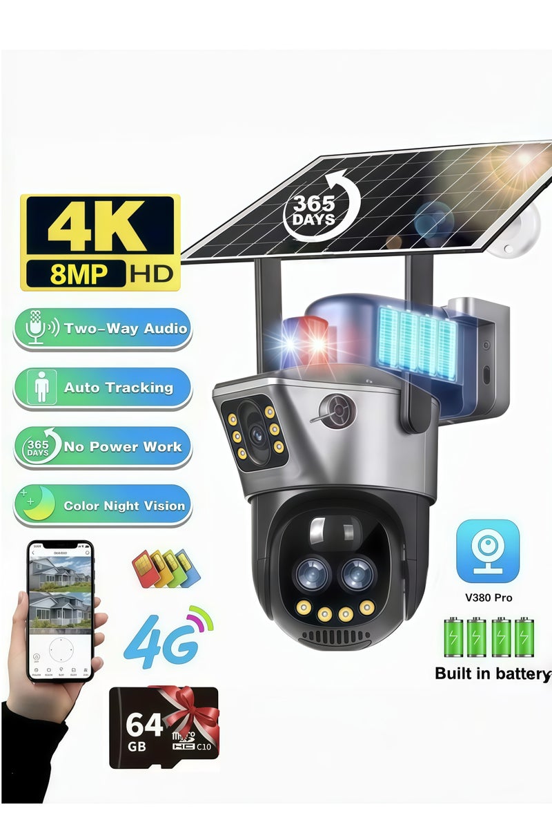 Generic 8MP 4K Dual Lens Solar Security Cameras 4G Outdoor，360° View Pan/Tilt Home Security Camera with Color Night Vision, Easy to Install PIR Human Detection Night Vision Camera Seguranca  Waterproof Outdoor Auto Tracking CCTV Cam (With 64GB SD Card) - Image 1