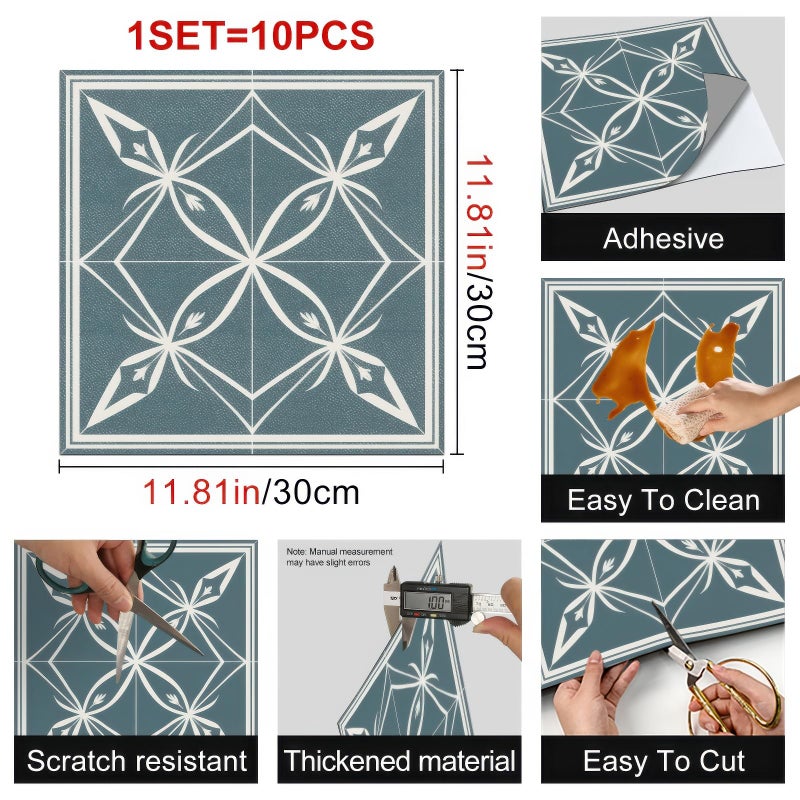HOMETITUTE 10PCS 12x12 Inch Nordic Blue Floral Silhouette Pattern Floor Tiles Peel and Stick Removable Self Adhesive DIY Vinyl Flooring Stickers for Kitchen Bathroom Living Room Entryway Home Decor - Image 3