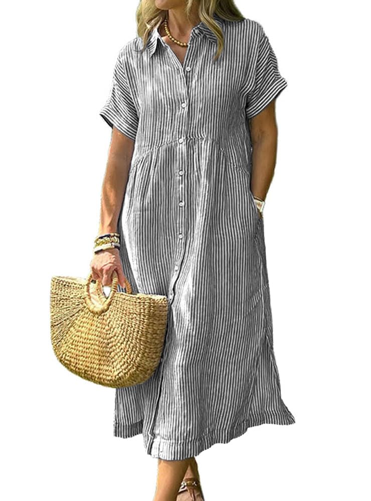 chouyatou Women's Summer Striped Midi Long Shirt Dress Casual Loose Short Sleeve Button Down Dress (Small, Black) - Image 5