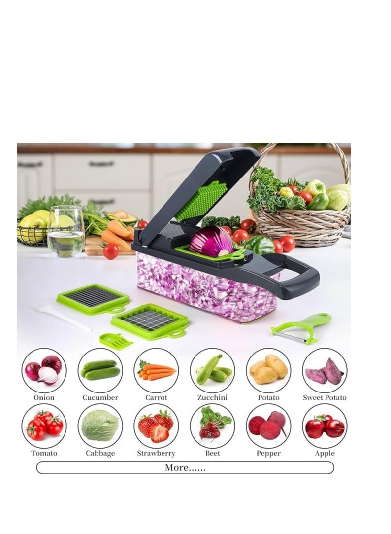 14-in-1 Multifunctional Vegetable Chopper with Container – Food Chopper and Grater, Onion Chopper, Potato Chips Cutter, Vegetable Slicer for Salad and Tomatoes, Equipped with 8 Sharp Stainless Steel Blades and 12 Slicing Options, Fast Cutting for Vegetables and Fruits in Different Shapes, Manual Kitchen Tool for Daily Meal Preparation, Comes with Storage Container and Cleaning Accessories, Durable and Easy to Use and Clean, Ideal for Home Kitchen and Easy Food Preparation – Multicolor - Image 2