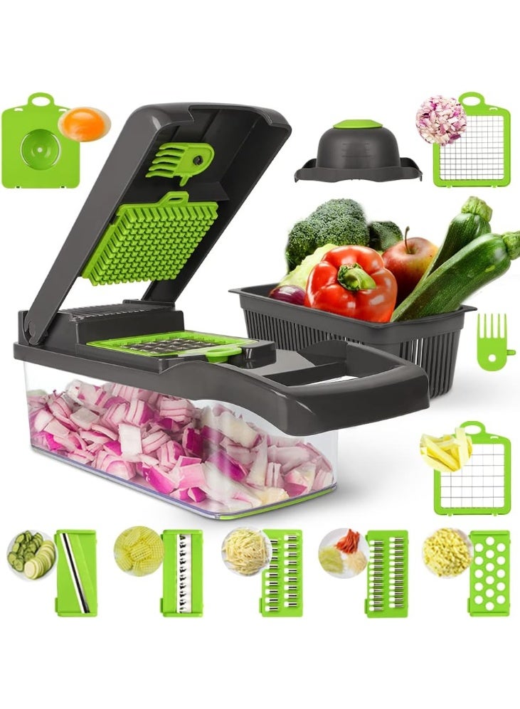 14-in-1 Multifunctional Vegetable Chopper with Container – Food Chopper and Grater, Onion Chopper, Potato Chips Cutter, Vegetable Slicer for Salad and Tomatoes, Equipped with 8 Sharp Stainless Steel Blades and 12 Slicing Options, Fast Cutting for Vegetables and Fruits in Different Shapes, Manual Kitchen Tool for Daily Meal Preparation, Comes with Storage Container and Cleaning Accessories, Durable and Easy to Use and Clean, Ideal for Home Kitchen and Easy Food Preparation – Multicolor - Image 1