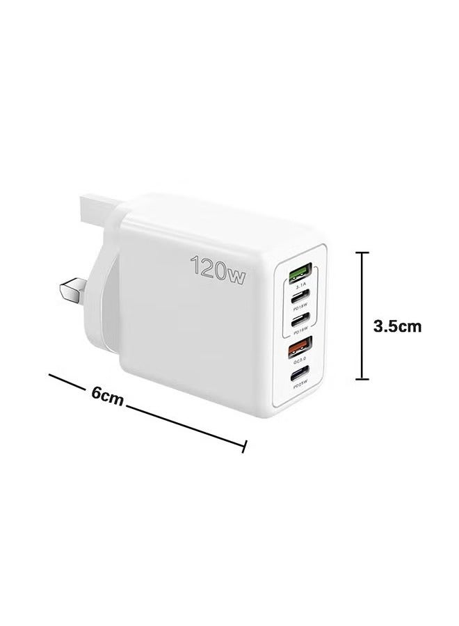 5 Ports USB C Fast Charger with Cable C PD 120W QC 3.0 Fast Wall Mains Power Delivery Adapter for iPhone 16 /15 Series,iPad, Laptops, Pro/Air,Huawei,Samsung Galaxy etc White  - Image 2