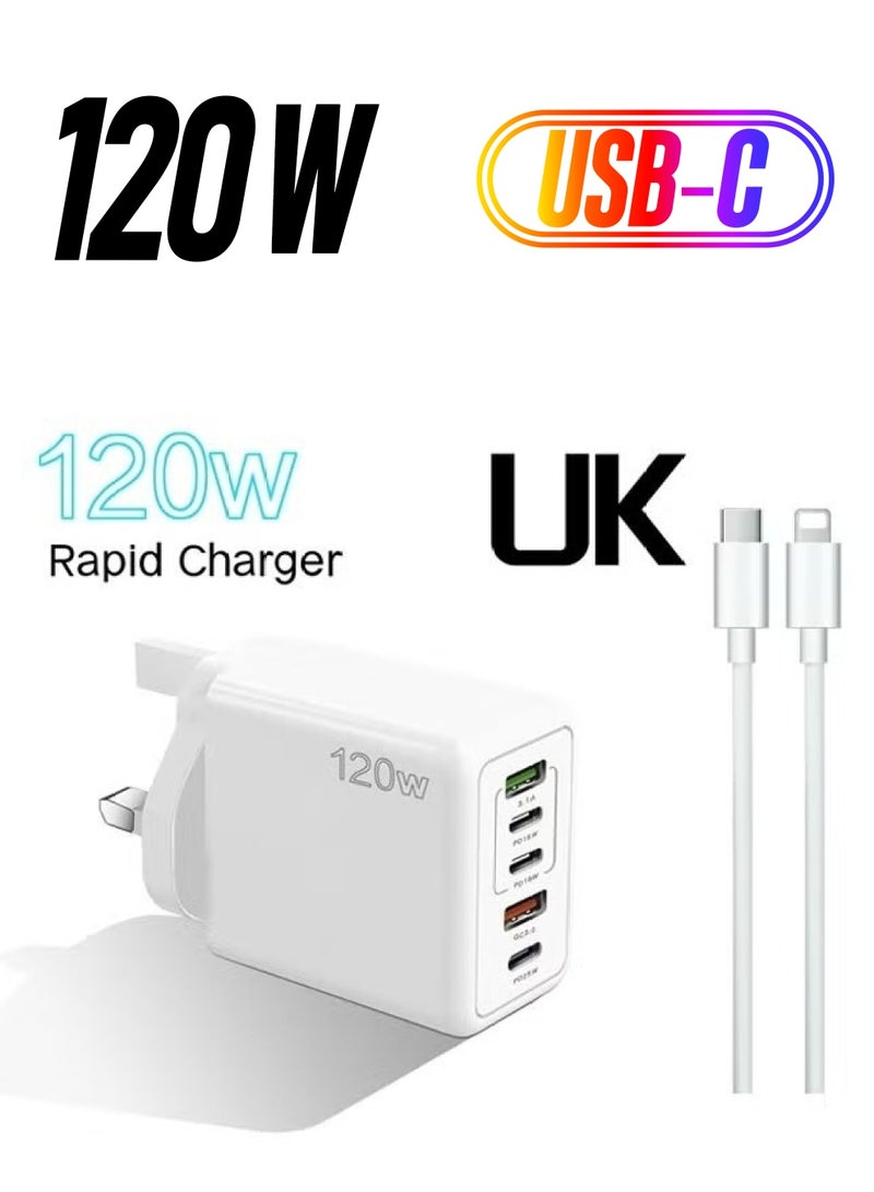 5 Ports USB C Fast Charger with Cable C PD 120W QC 3.0 Fast Wall Mains Power Delivery Adapter for iPhone 16 /15 Series,iPad, Laptops, Pro/Air,Huawei,Samsung Galaxy etc White  - Image 1