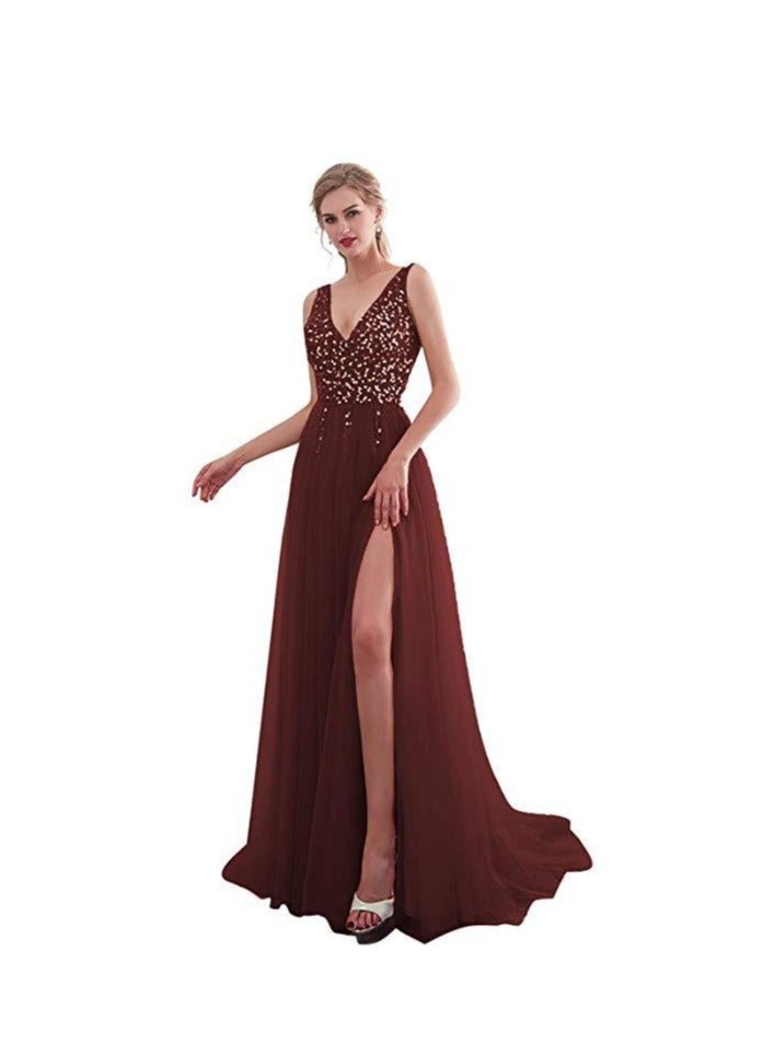 NIBEMINENT Fashionable Embroidered Sequins Deep V Sequin Long Dress Evening Gown For Women - Image 1