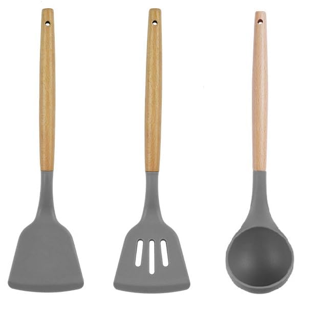 Ash  Roh Ash & Roh Pack of 3 Silicone Spatula Non Stick Cooking Utensil Set | Kitchen Turner for Baking, Mixing | Large Kitchen Gadgets with Wooden Handle | High Temperature Resistant Cookware Sets (Grey) - Image 1