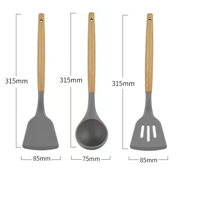 Ash  Roh Ash & Roh Pack of 3 Silicone Spatula Non Stick Cooking Utensil Set | Kitchen Turner for Baking, Mixing | Large Kitchen Gadgets with Wooden Handle | High Temperature Resistant Cookware Sets (Grey) - Image 2