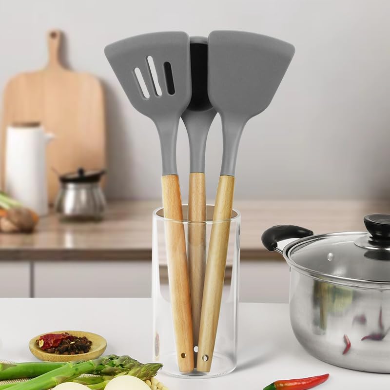 Ash  Roh Ash & Roh Pack of 3 Silicone Spatula Non Stick Cooking Utensil Set | Kitchen Turner for Baking, Mixing | Large Kitchen Gadgets with Wooden Handle | High Temperature Resistant Cookware Sets (Grey) - Image 5