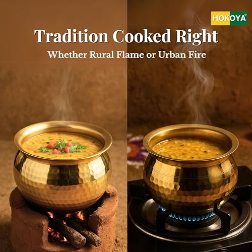 HOKOYA Pure Brass Handi with Lid (1L) | Traditional Pital Cooking Pot for Kitchen & Biryani | Handmade Mirror Finish Brass Utensil for Home Chefs & Gifting - Image 4