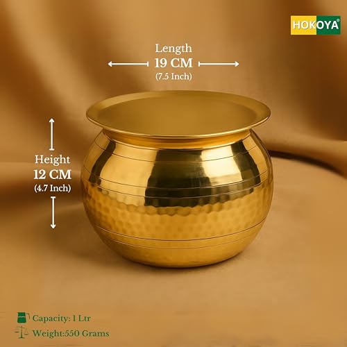 HOKOYA Pure Brass Handi with Lid (1L) | Traditional Pital Cooking Pot for Kitchen & Biryani | Handmade Mirror Finish Brass Utensil for Home Chefs & Gifting - Image 2