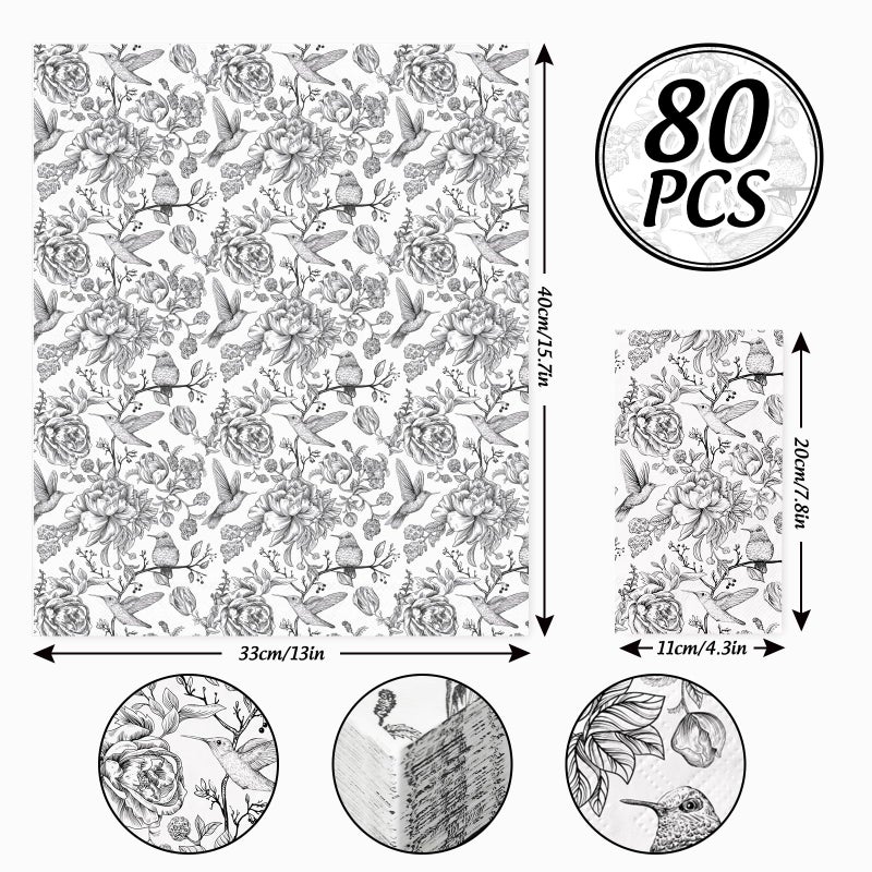 Generic AnyDesign 80Pcs Floral Birds Paper Guest Napkins White Black Bathroom Napkins Vintage Disposable Hand Towel Napkin for Home Holiday Party Supplies - Image 2