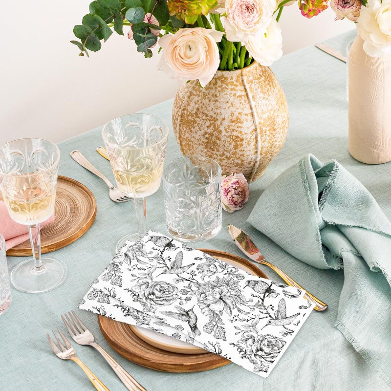 Generic AnyDesign 80Pcs Floral Birds Paper Guest Napkins White Black Bathroom Napkins Vintage Disposable Hand Towel Napkin for Home Holiday Party Supplies - Image 5