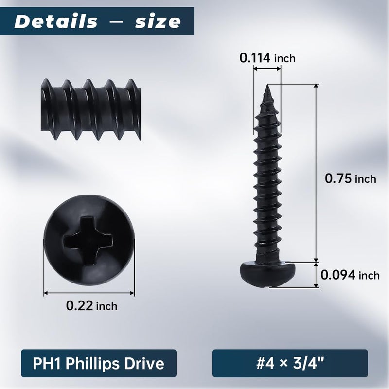 Glvaner #4 x 3/4 inch Phillips Pan Head Self Tapping Screws for Wood, Black Coated, 304 Stainless Steel 18-8, Round Head Sheet Metal Tek Screws, 100 pcs - Image 3