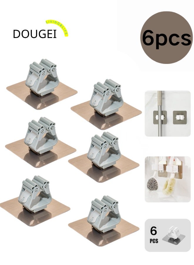 DOUGEI 6-Pack Mop Holder, No-Drill Installation Self Adhesive Hooks, Anti Slip Broom Hanger Hooks, Wall Mount Storage Tools, Organizer for Bathroom/Kitchen/Toilet/Garage Gadget  - Image 1