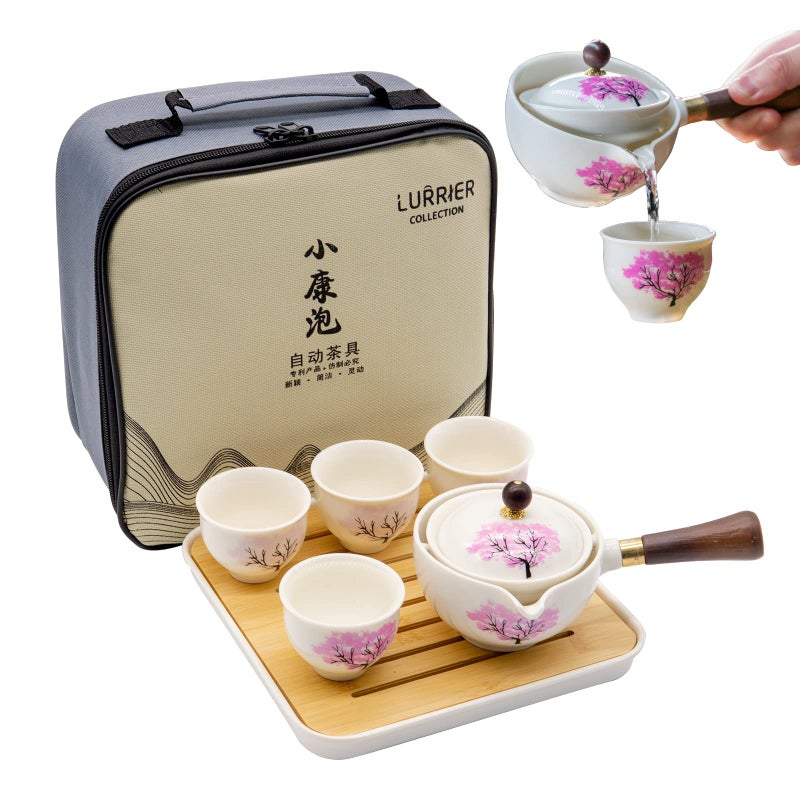 LURRIER Porcelain Chinese Gongfu Tea SetPortable Teapot Set with 360 Rotation Tea maker and InfuserPortable All in One Gift Bag for TravelHomeGiftingOutdoor and Office Sakura