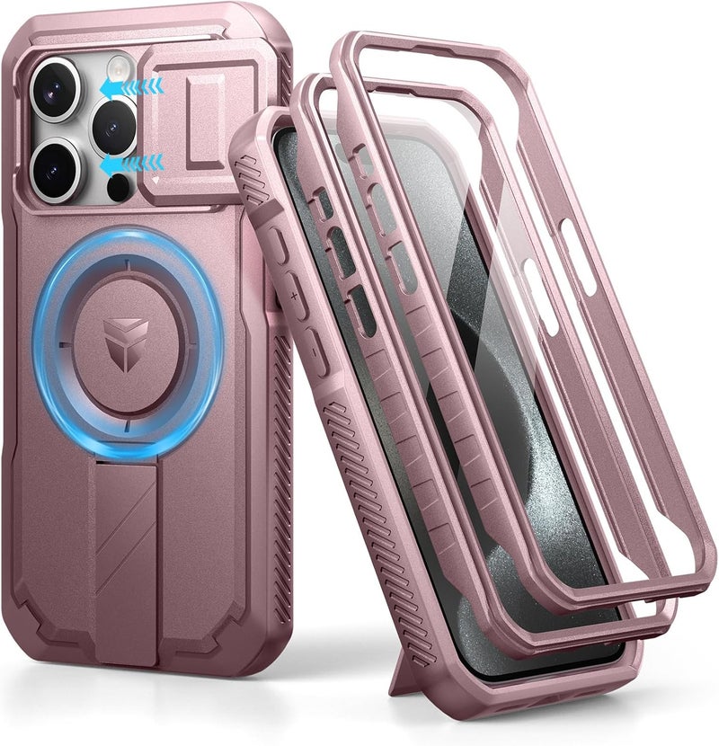 ديكسنور حافظة Dexnor لـ iPhone 15 Pro مع غطاء كاميرا منزلق وحامل قابل للتعديل وواقي شاشة مدمج، حواف مغناطيسية متينة مقاومة للصدمات، غطاء حماية مغناطيسي ثقيل، وردي الفاوانيا سطح مطفي (غير لامع) مضاد للانزلاق - Image 1