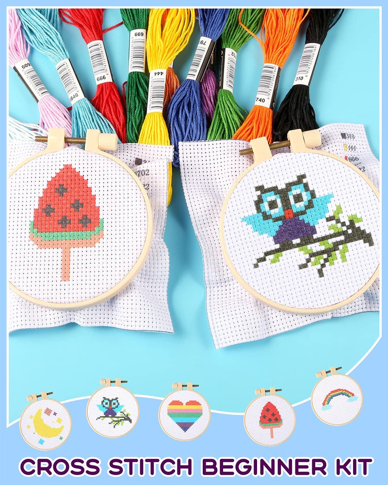 Pllieay Cross Stitch Beginner Kit for Kids 7-13, Includes 6pcs Project Cross Stitch Pattern and 2pcs Hoops, 12 Skeins, Needle Point Starter Kit Sewing Set with Instructions for Christmas Gift - Image 5