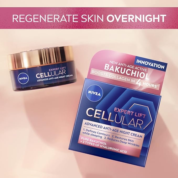 Nivea كريم الليل المضاد للشيخوخة من نيفيا سيلولار إكسبيرت ليفت 50 مل كريم الليل المضاد للتجاعيد مع باكوشيول النقي كريم الوجه الليلي المحتوي على حمض الهيالورونيك للنساء - Image 2