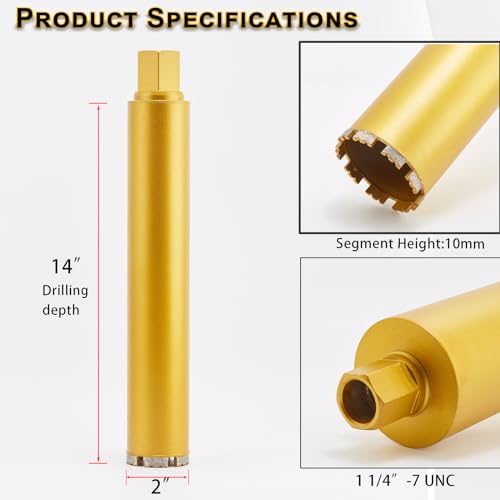 DaduoRi 2 Inch Wet Core Drill Bits, DaduoRi 2" Core Bit for Concrete, 14" Drilling Depth, 1-1/4"-7 Thread Diamond Core Bit for Cured Concrete with Rebar, Hard Masonry, Brick Block, Stucco, Stone (51mm) - Image 2