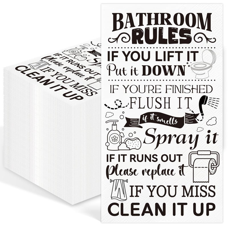 IANFEPH 100 Pcs Bathroom Rules Paper Napkins Disposable Hand Towels for Bathroom 3 Ply Decorative Etiquette Guest Napkins for Powder Room Wedding Birthday Holiday Anniversary, Black White - Image 1