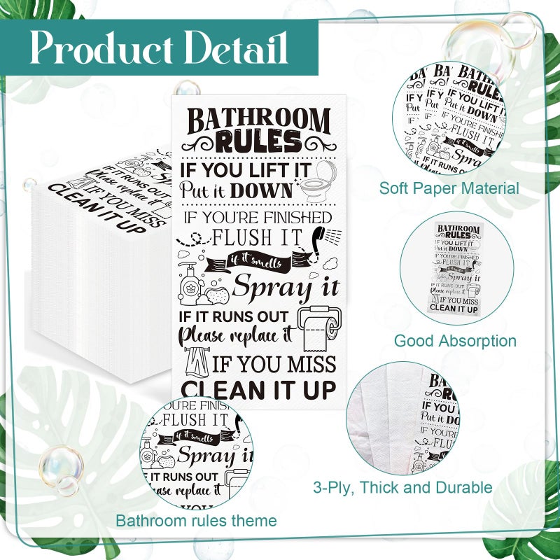 IANFEPH 100 Pcs Bathroom Rules Paper Napkins Disposable Hand Towels for Bathroom 3 Ply Decorative Etiquette Guest Napkins for Powder Room Wedding Birthday Holiday Anniversary, Black White - Image 3