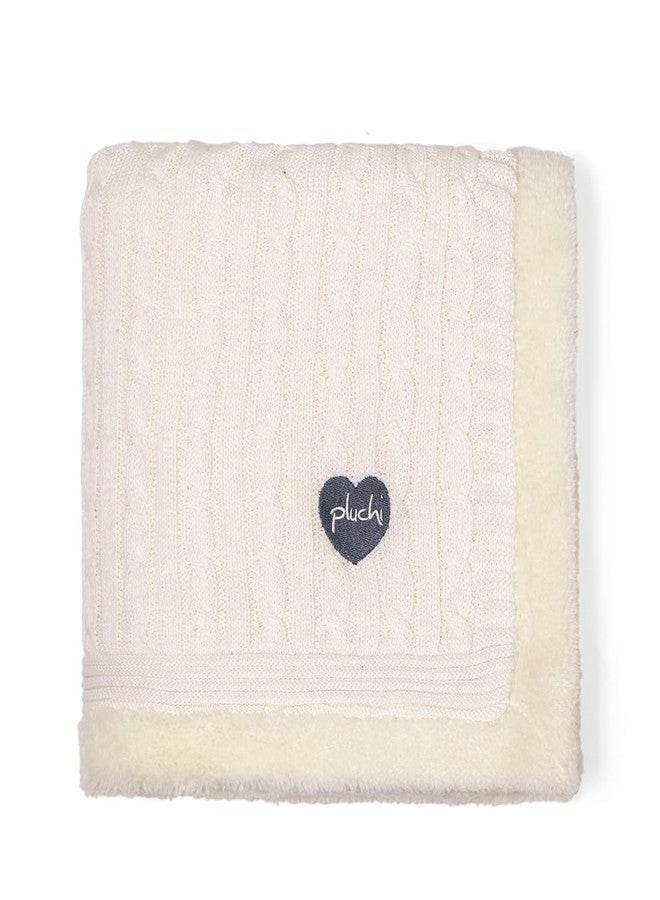 Pluchi Cable Knit with Embroidered Heart Cotton Knitted Blanket with Faux Fur Back for Babies (80cm x 100 cm) (Ivory) - Image 2