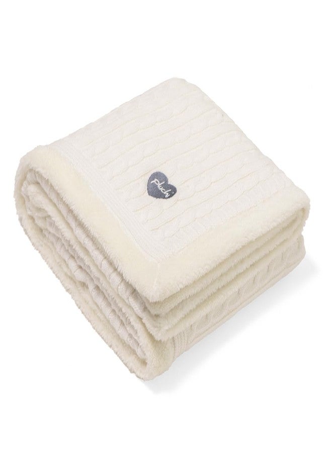 Pluchi Cable Knit with Embroidered Heart Cotton Knitted Blanket with Faux Fur Back for Babies (80cm x 100 cm) (Ivory) - Image 4