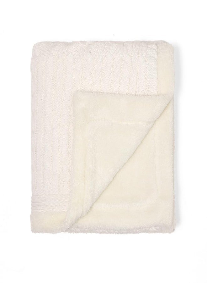 Pluchi Cable Knit with Embroidered Heart Cotton Knitted Blanket with Faux Fur Back for Babies (80cm x 100 cm) (Ivory) - Image 1