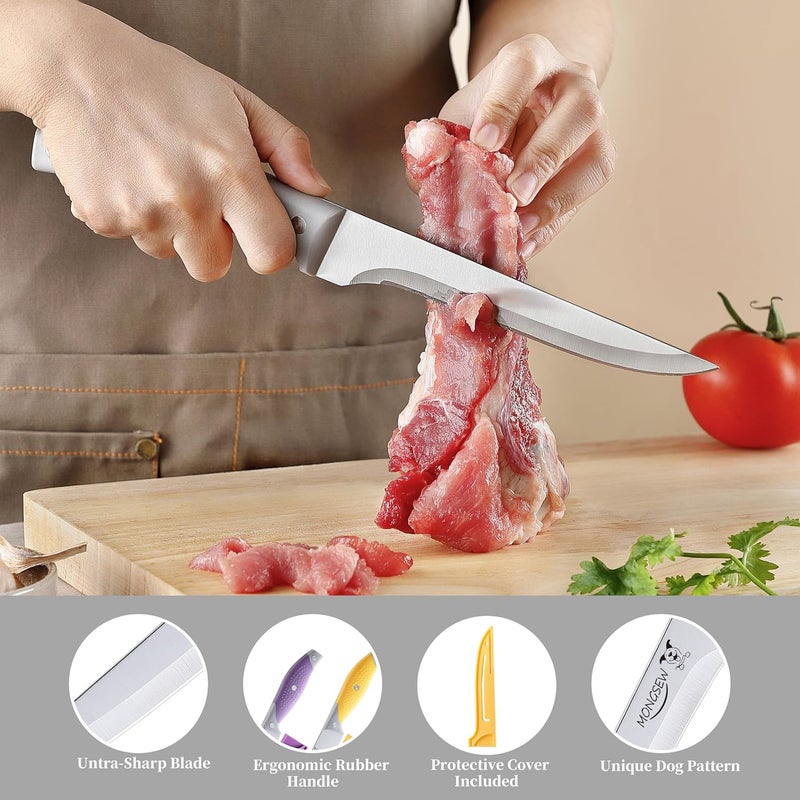 MONGSEW 3PCS Boning Knife, German Stainless Steel Fillet Knives, 6 inch Curved Boning Deboning Filet Fillet Knife for Meat, Fish, Poultry, Cutting, Trimming, Ergonomic Rubber Handle, Dishwasher Safe - Image 3