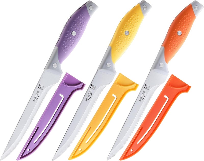 MONGSEW 3PCS Boning Knife, German Stainless Steel Fillet Knives, 6 inch Curved Boning Deboning Filet Fillet Knife for Meat, Fish, Poultry, Cutting, Trimming, Ergonomic Rubber Handle, Dishwasher Safe - Image 1