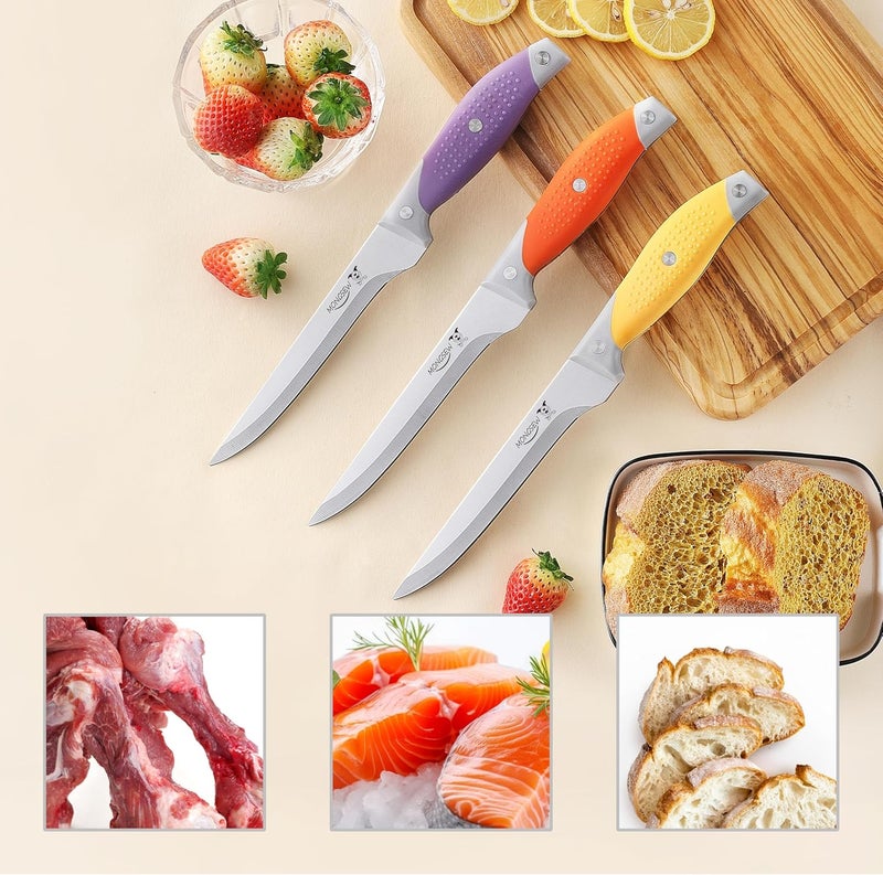 MONGSEW 3PCS Boning Knife, German Stainless Steel Fillet Knives, 6 inch Curved Boning Deboning Filet Fillet Knife for Meat, Fish, Poultry, Cutting, Trimming, Ergonomic Rubber Handle, Dishwasher Safe - Image 4