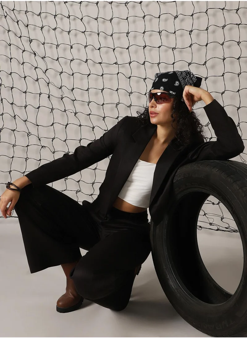 هوبرهولمي Women's Black Cotton Blend Solid Oversized Blazer